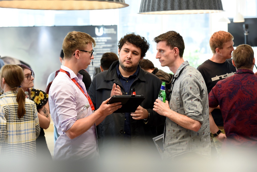  BA Computer Games Art students Richard Lane talking to CG Supervisor/Lead Lighting TD David Watson 