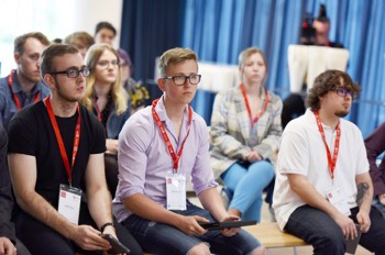  BA Computer Games Art students Richard Lane and Lewis Court attending the debrief session 